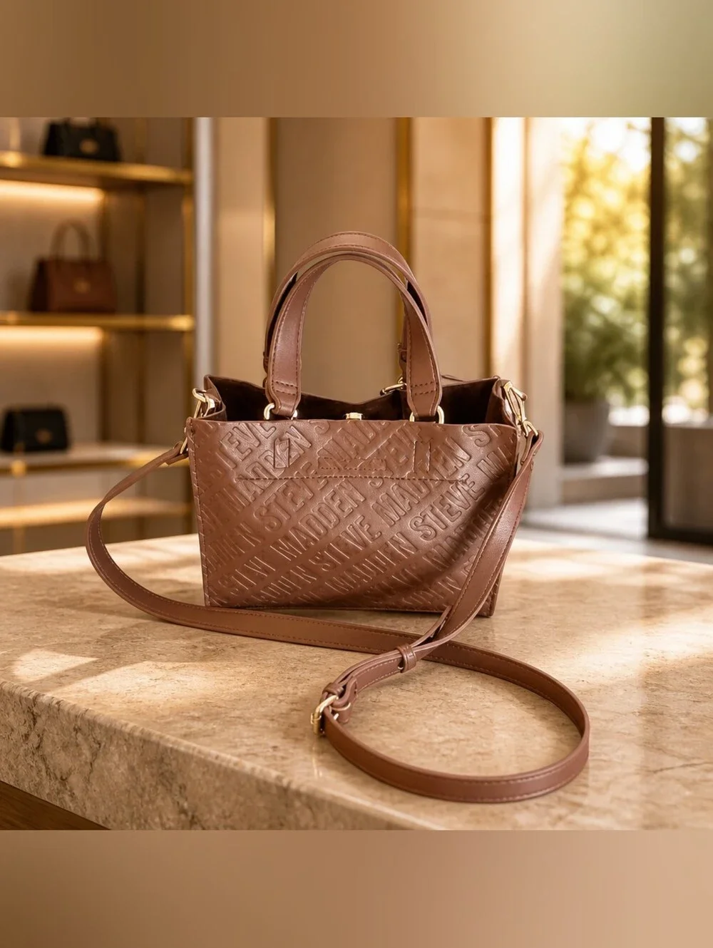 Steve Madden Brown Embossed Satchel Crossbody Bag